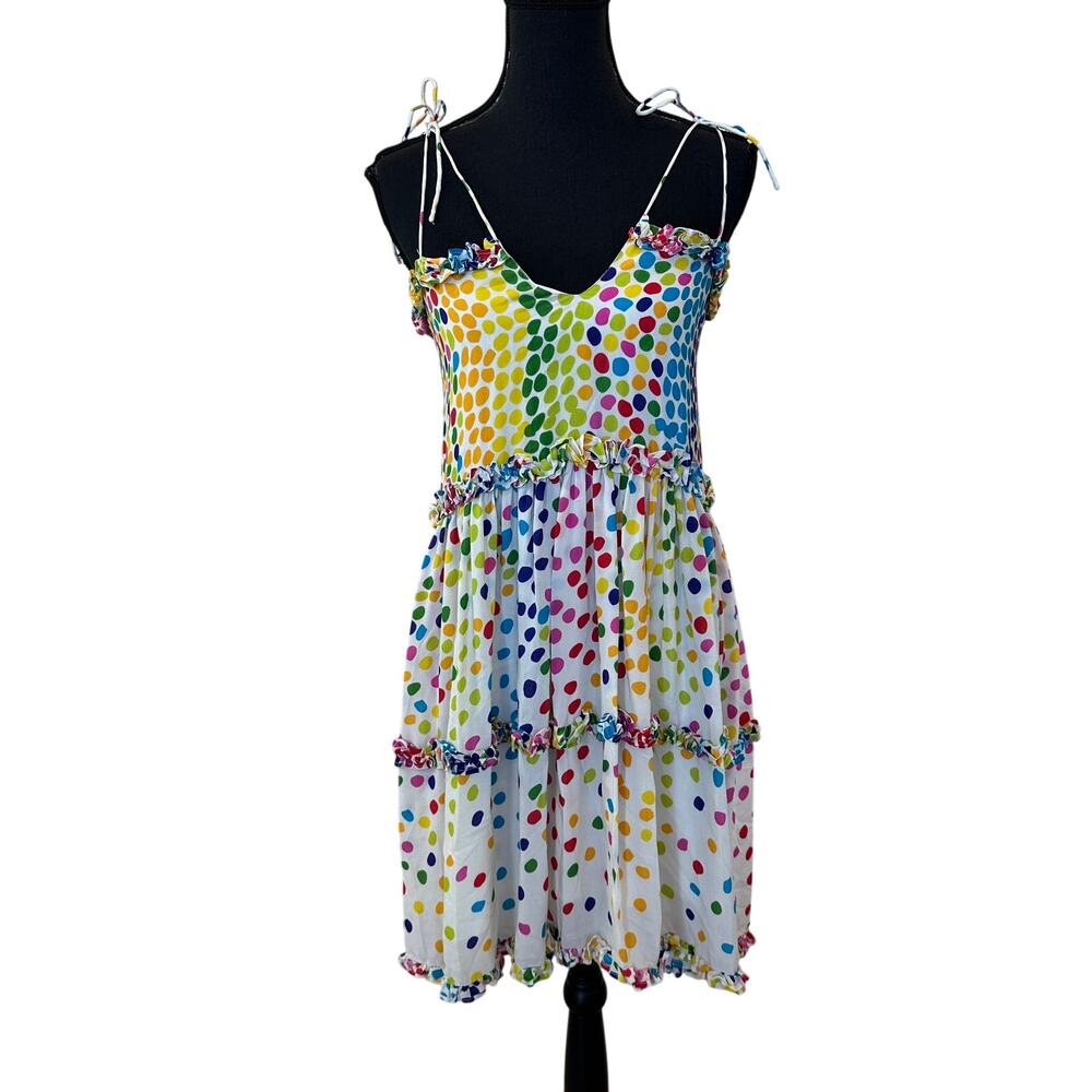 All Things Mochi Rainbow Mini Dress Polkadot Silk Chiffon Ruffle Designer $365 - Picture 11 of 14